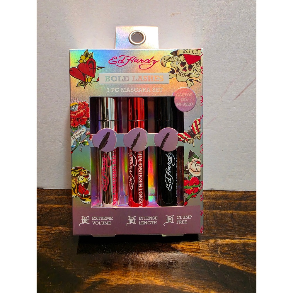 Ed Hardy Bold Lashes 3 Pc Mascara Set Extreme Volume Intense Length Clump Free